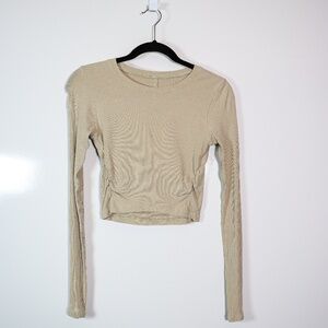 Lululemon Scoop Neck Ribbed Ruched Stretch Side Long Sleeve Cropped Shirt Beige